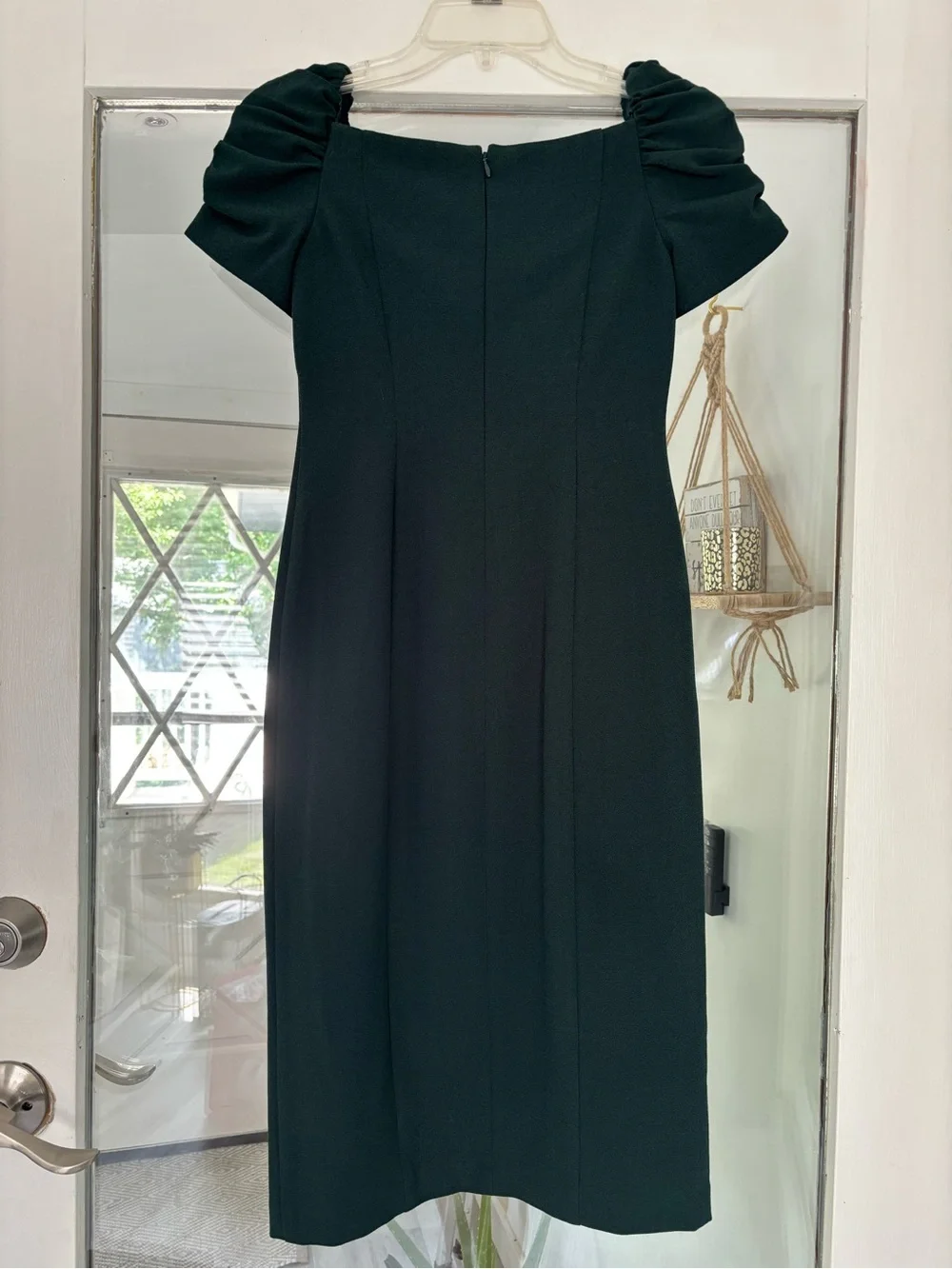 Eliza J Dark Green Puff-Sleeve Midi Sheath Dress